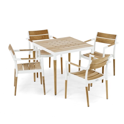 70750 Bloom 5 piece teak top Dining Set of 4 teak and white powder coated aluminum dining armchairs and 36 inch square teak top dining table on white background 