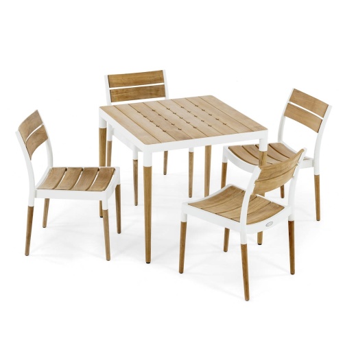 70751 Bloom 5 piece teak top Dining Set of 4 teak and white powder coated aluminum dining side chairs and 36 inch square teak top dining table on white background 