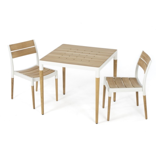 70764 Bloom Bistro 3 piece Set of a 32 inch square teak powder coated aluminum bistro table and 2 teak powder coated aluminum side chairs on white background