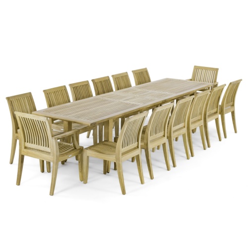 70770 Grand Laguna 15 pc rectangular teak dining Set of Extendable Teak Rectangular Dining Table and 12 Laguna dining side chairs and 2 Dining arm chairs in angled end view on white background