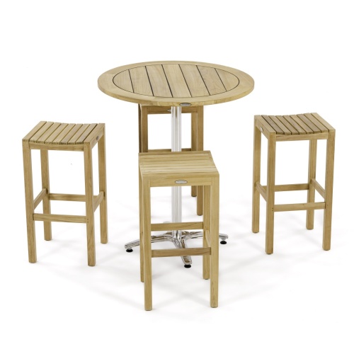 70808 Vogue Somerset 5 piece Stainless Steel and Teak Round Pub Table and Stool Set of 4 Somerset Bar Stools and a 36 inch Round Bar Table side view on white background