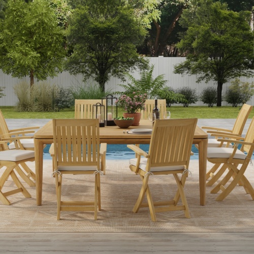70813 Veranda Barbuda Dining Set of Veranda Square Dining Table and 8 Barbuda Folding Arm Chairs in angled top view on a white background