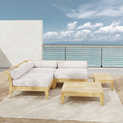 70822 Aman Dais 5 piece teak Daybed Set of 2 End Sectionals and 1 Corner Sectional and a teak coffee and side table on white background