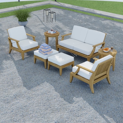 70877 Laguna 7 piece teak Love Seat Set of Laguna 58 inch Love Seat and 2 Lounge Chairs and 2 Side Tables and 2 Ottomans  in front view on a white background