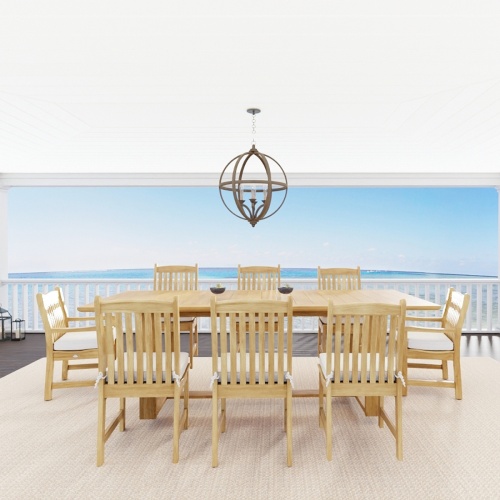70925 Horizon Veranda teak Rectangular Dining Set of Horizon Rectangular Table and 6 Veranda Side Chairs and 2 Armchairs angled side view on white background