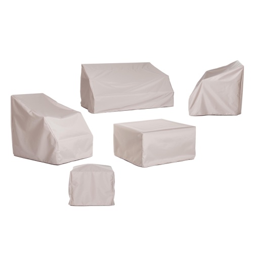 80754 Maya 7 piece Lounge Set Covers for 70754 Maya Teak Lounge Set of Left and Right Side Sectionals and 2 Slipper Chairs and 2 Corner Sectionals and Ottoman Coffee Table