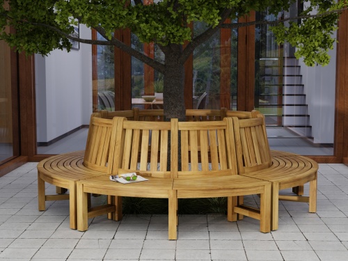 13691ST Buckingham Teak Tree Hugger Bench on grass field around a tree