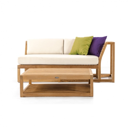 13801RFDP Maya teak Left Side Sectional with canvas colored cushion and two throw pillows and teak ottoman coffee table front view on white background