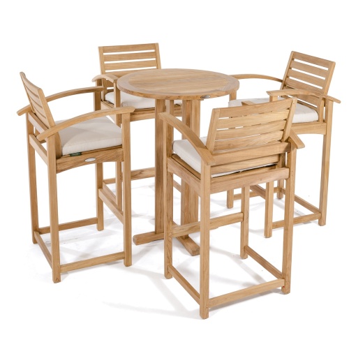 15033 Somerset teak 30 inch diameter Bar Table showing with 4 barstools with optional canvas colored seat cushions set around the table on white background