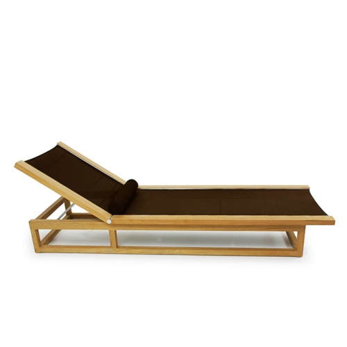 16771 Maya teak Chaise Lounger in tobacco Textilene mesh fabric and bolster cushion side view on white background