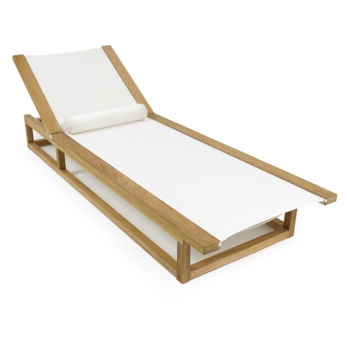 16771 Maya teak Chaise Lounger in white Textilene mesh fabric and bolster cushion front view backrest upright on a white background 