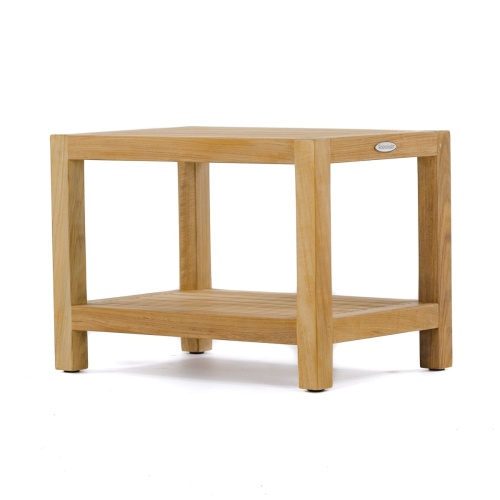18627 teak shower bench with shelf  with shelf angled side view on white background