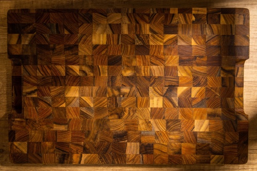 19124 Butcher Block 20 inch Rectangle Charcuterie Cutting Board showing closeup aerial view on a counter top