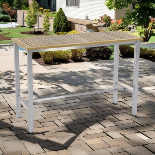 25314 Vogue 5 foot Rectangular Bar Set with optional seat cushions bottle of wine and 3 wine glasses on table set on concrete patio with glass sliding doors in background