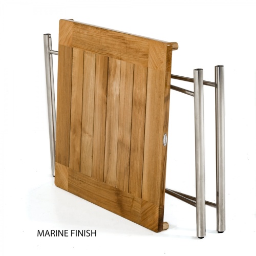 25815 Odyssey Teak and Stainless Steel 32 Inch Square Outdoor Folding Table in Marine Finish folded in side angled view on white background