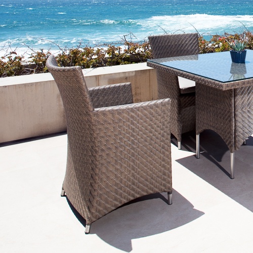 29001SGDP Valencia Summer Grass Armchair with dining set with potted plant on table top on a concrete terrace surrounded by landscape plants with ocean and blue sky background
