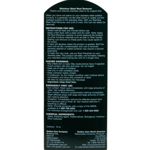 30107 Golden Care Stainless Steel Care Kit label instructions on back on white background