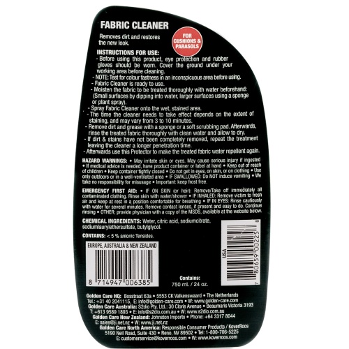 30109 Golden Care Fabric Cleaner 750 ml bottle label instructions on back on white background 