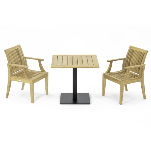 70196 Laguna 3 pc Teak Bistro Set of a Teak Square 32 Inch Table and 2 Laguna Teak Dining Armchairs in angled side view on a white background