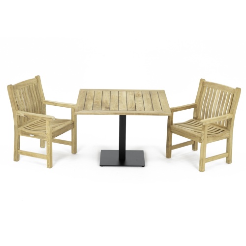 70219  Veranda 3 pc Teak Bistro Set of a Teak 42 Inch  Square Table and 2 Veranda Teak Dining Armchairs in angled side view on white background