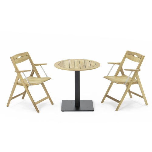 70221 Surf 3 pc Bistro Set of Vogue 30 inch Round Table and 2 Surf Folding Dining Arm Chairs side angled view on white background
