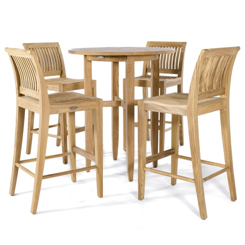 70416 Laguna 5 piece teak High Bar set with wine bottle and two glasses on paver patio surrounded by landscape plants and grass and trees in background