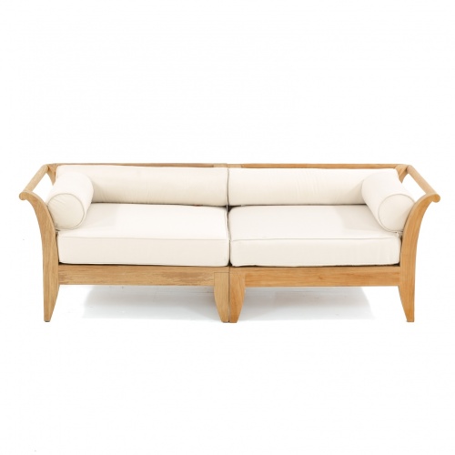 70429 Aman Dais Teak 2 pc Loveseat Set of 2 Aman Dais Corner Sectionals with cushions in front view on patio next to 2 potted plants against a wall in background