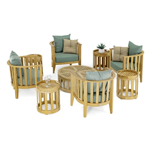 70437 Kafelonia 9 pc teak Deep Seat Set in angled aerial view on patio with potted plant and wine bottle & 2 glasses on 2 side tables with staircase of house in background 