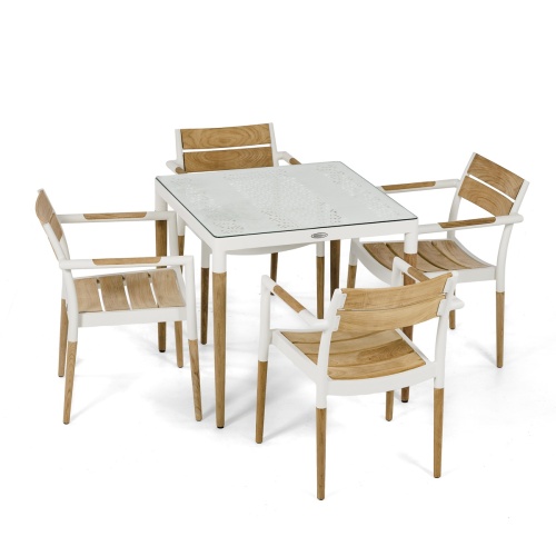 70448 Bloom 5 piece Dining Set of a 32 inch square teak and powder coated aluminum dining table with glass top and 4 dining armchairs on white background