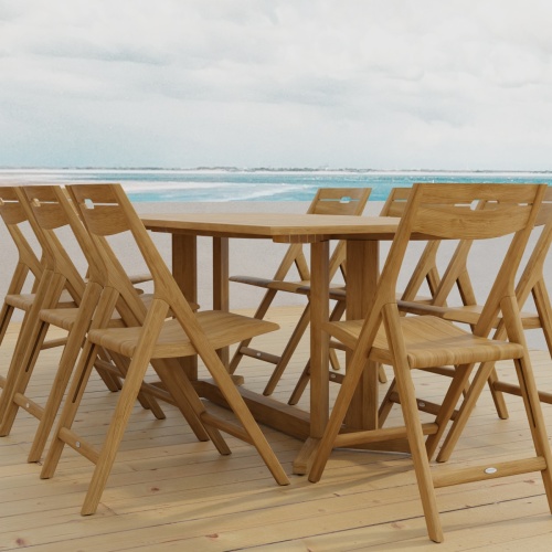 70464 Surf Pyramid Teak Dining Set for 8 angled end view on outdoor terrace with beach and ocean in the background 
