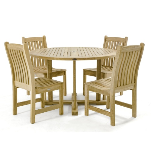 70484 Veranda 4 foot round Dining Set of 4 teak side chairs and 4 foot round teak dining table on white background