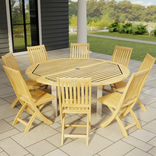 70486 Vogue Teak Barbuda Dining Set for 8 of Vogue Dining Table and 8 Barbuda folding Side Chairs on tiled patio with window and house and pillar and white fence with trees in background 