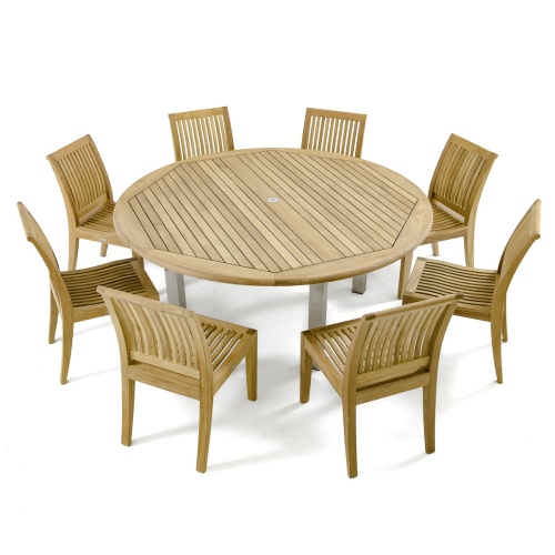 70488 Vogue Laguna Dining Set of 8 teak side chairs and a teak 72 inch round dining table angled aerial view on patio with plants and glass doors in the background