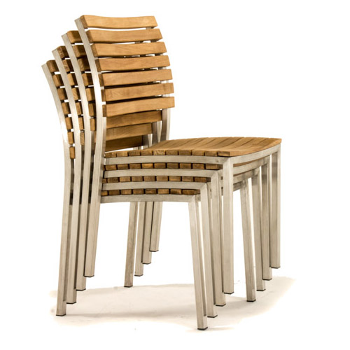 70490 Vogue teak and stainless steel dining side chair side view stacked 4 high on white background