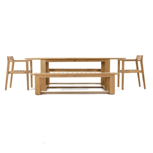 70496 Horizon 5 pc Table & Bench Set in angled on outdoor patio facing pool with landscape and window background