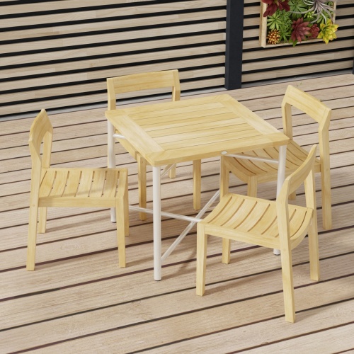 70596 Odyssey Horizon Teak and 316L Stainless Steel Dining Set in angled corner view on wood deck with privacy wall with succulents in the background