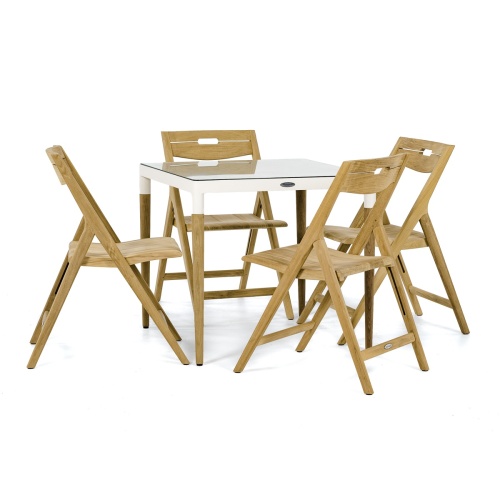 70613 Bloom Surf 5 piece Dining Set of 4 Surf folding teak side chairs around a 32 inch square teak and powder coated aluminum Dining Table with glass top on white background