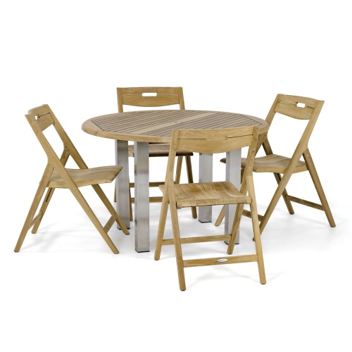 70621 Vogue Laguna Dining Set of 4 teak armchairs and a teak and stainless steel 48 inch round dining table aerial view on white background