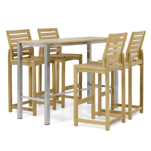 70631 Somerset Vogue 5 piece Rectangular Pub Barstool Set of a rectangular teak and stainless steel Bar Table and 4 teak side barstools end angled on patio with privacy fence in the background 