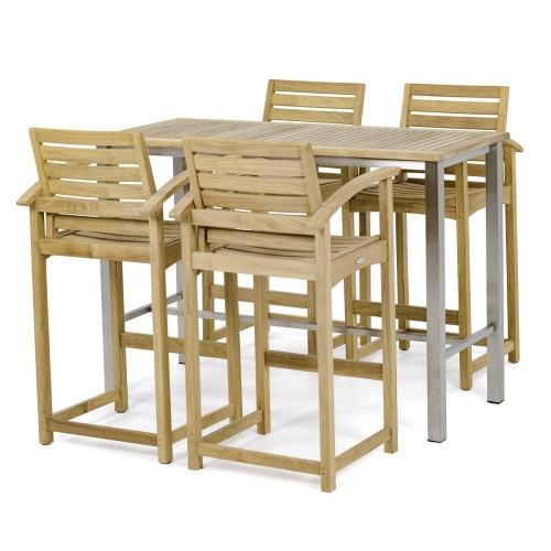 70634 Somerset 5 piece Dining Barstool Set of 4 barstools and rectangular teak and stainless steel table angled view on white background
