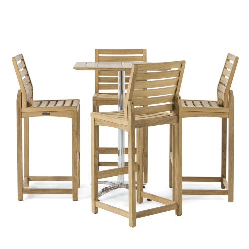 70663 Vogue Rectangular Teak and Stainless Steel Bar Set of 4 Somerset teak barstools and Rectangular Teak and Stainless Steel bar table on white background