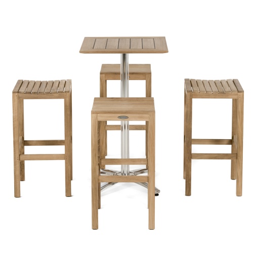 70670 Somerset 5 piece Pub Bar Table and 4 teak Backless Barstools Set on white background