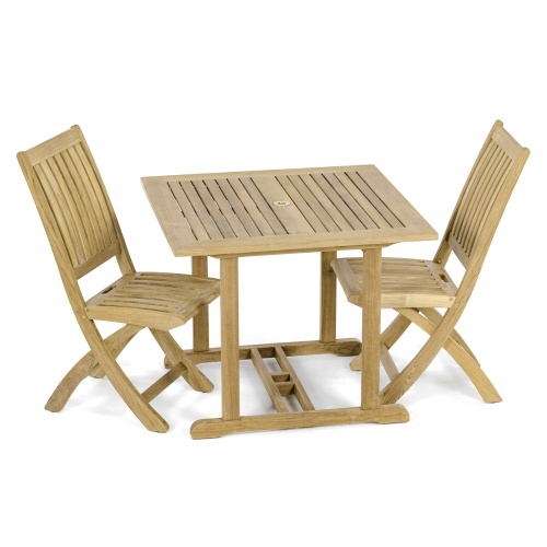 70741 Square Teak 3 piece Bistro Set of 2 Barbuda folding dining chairs and teak 36 inch square dining table side angled view of table top on white background 