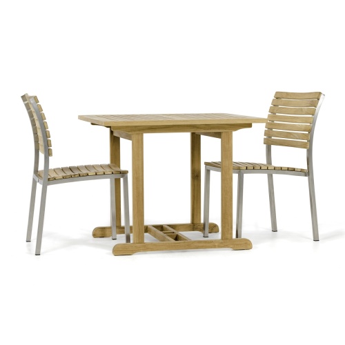 70744 Vogue 3 piece Square Bistro Set of teak 39 inch square table and 2 teak and stainless steel dining side chairs on white background 