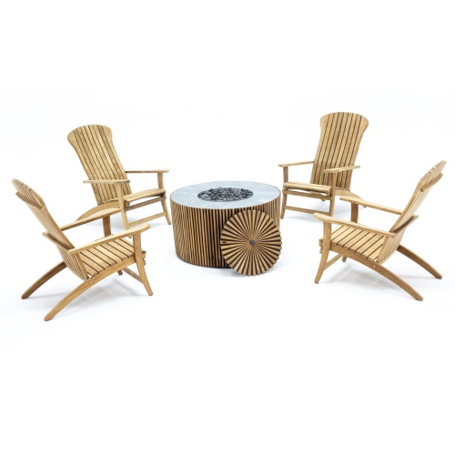 70781 Adirondack 5 piece Fire Pit Set around our 14100  Agora Round Fire Table in angled aerial view on sandy beach with ocean and sunset in background