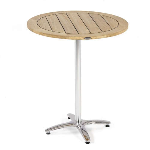 70808 Vogue Teak and Stainless Steel 36 inch Round Bar Table side angled on white background