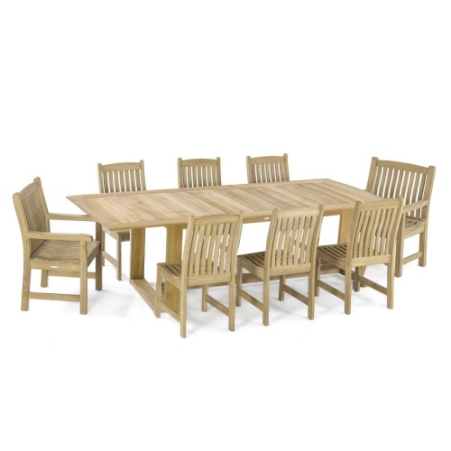70925 Horizon Veranda teak rectangular dining set of Horizon rectangular table and 6 Veranda Side Chairs and 2 Armchairs with optional cushions angled on covered patio with ocean in background