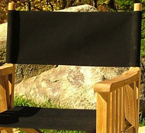 72568MTO Directors Chair Fabric on teak directors chair closeup view of chair back with rocks and trees in background