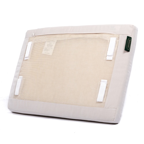 78627MTO Spa Stool Cushion in canvas color angled view of cushion bottom showing attachment straps on white background
