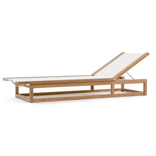 16771 Maya teak Sling Lounger in white textilene mesh fabric the back rest in an upright position in angle side view on white background